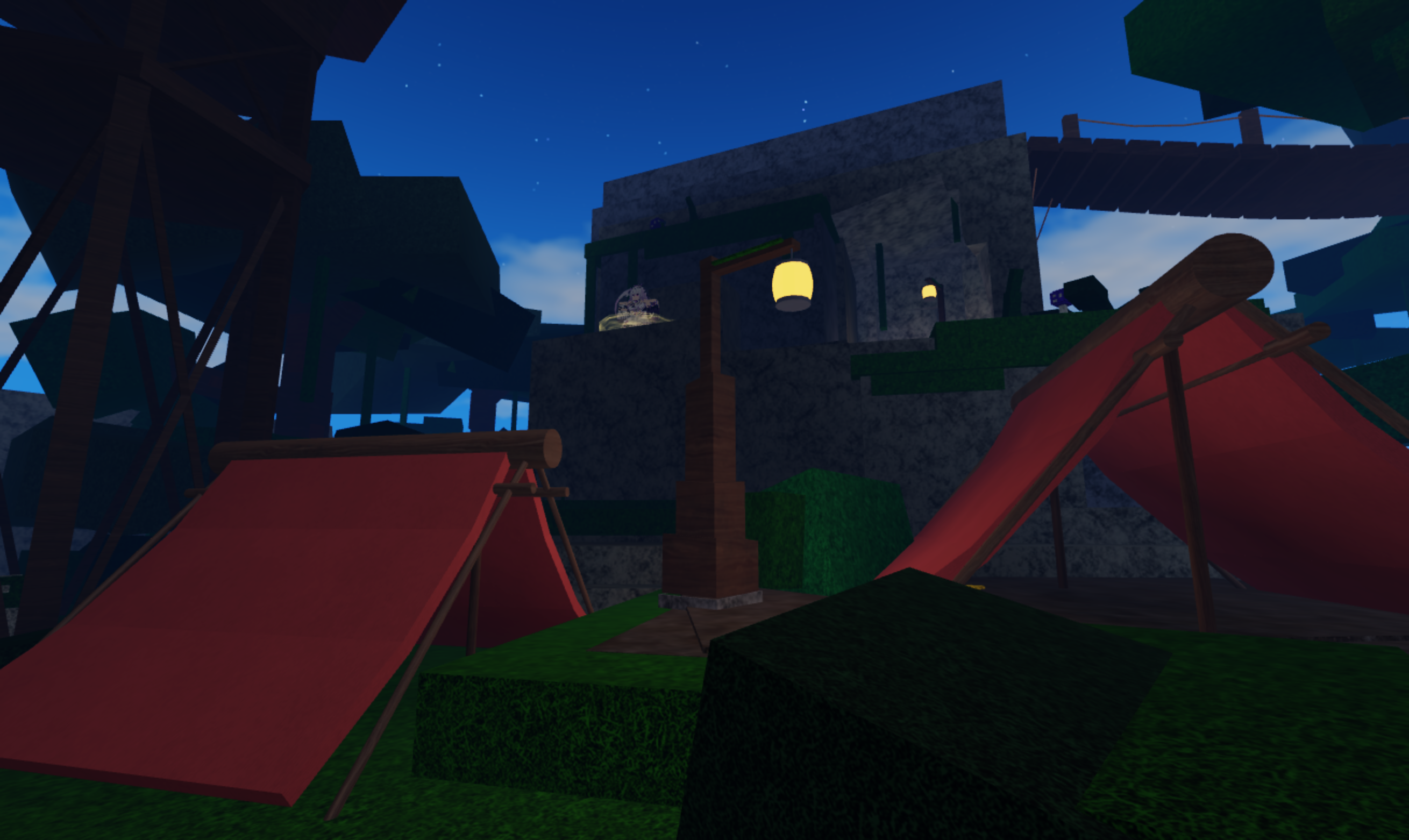 In-game screenshot showing the Jungle Island camp and Guide NPC on mountainside.